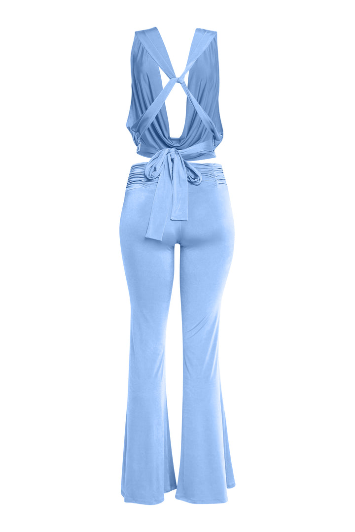 Baby blue co-ord set with fluid cowl neckline and flared pant leg