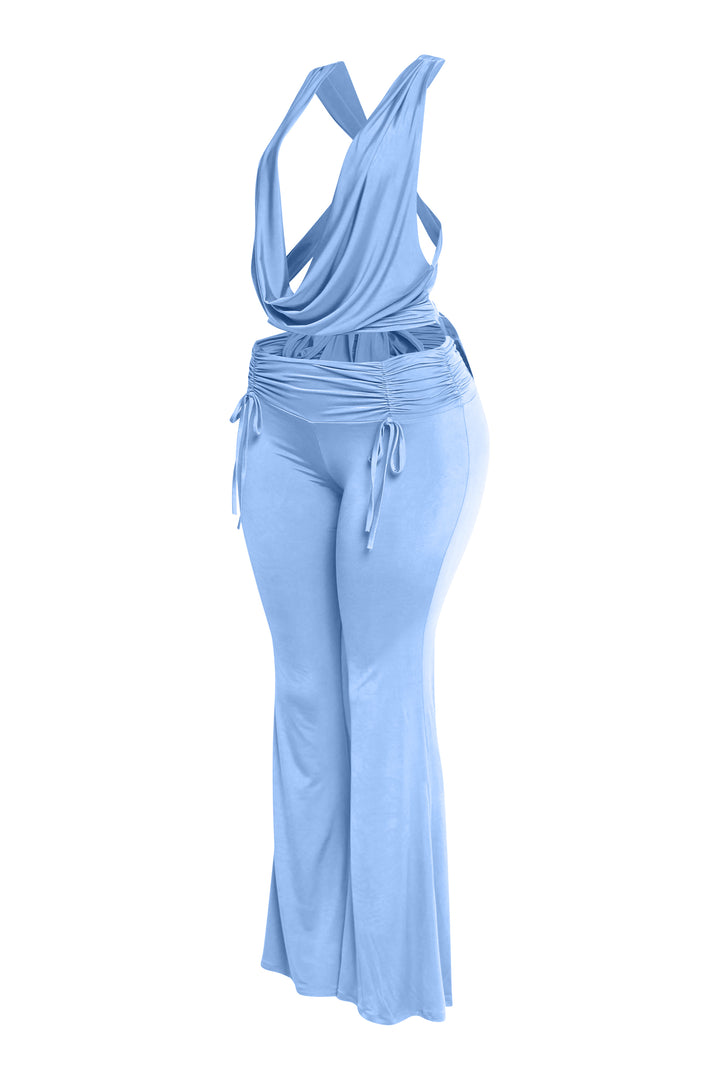 Blue shimmer-inspired matching set with flared bottom and soft stretch