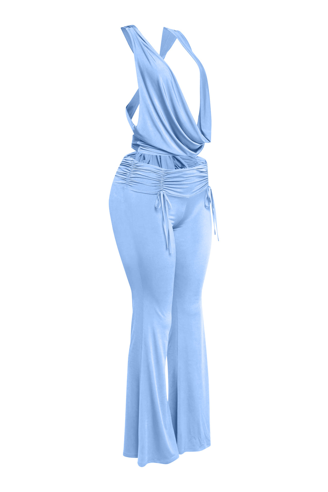 Blue halter cowl neck set with dreamy drape and flattering high waist