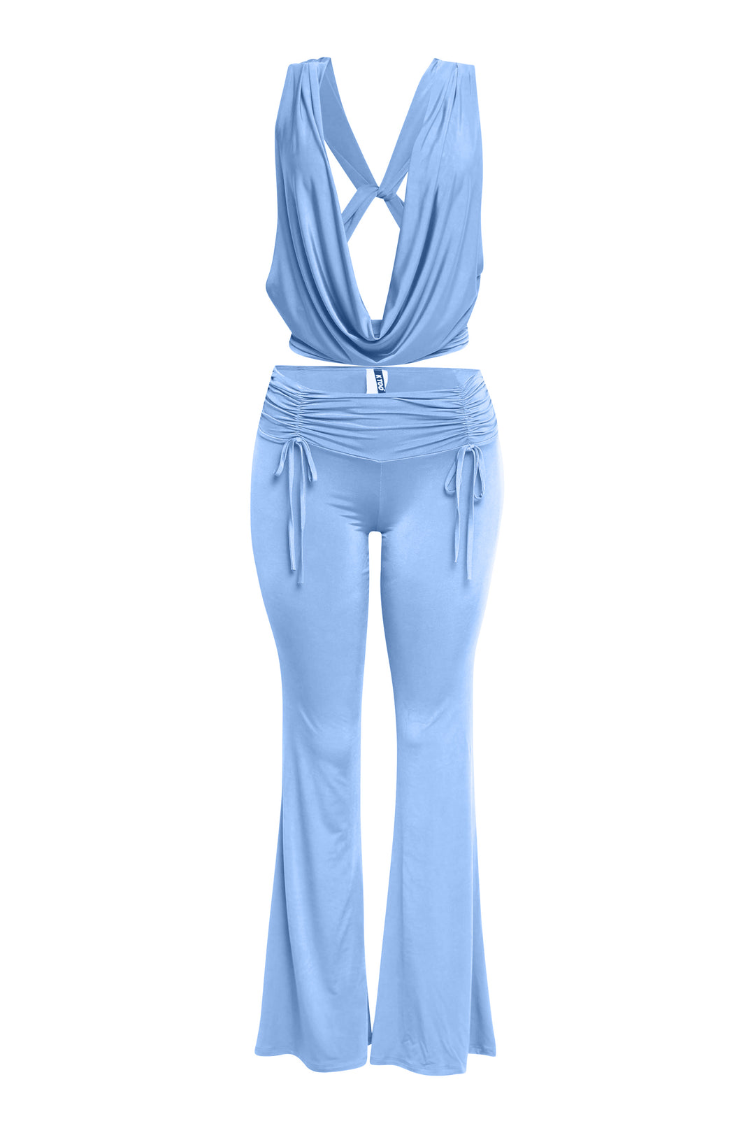 Soft blue two-piece set with open back cowl neck top and flare pants
