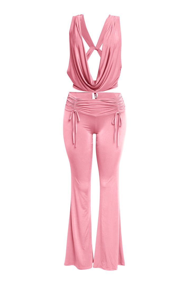 Hot pink cowl front and open back top with flare pants matching set