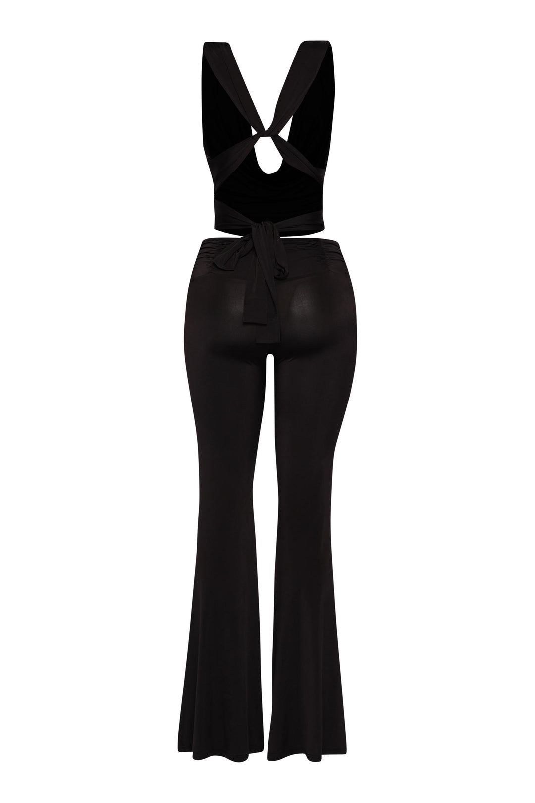 Sleek black halter top and flare pant set with satin sheen finish
