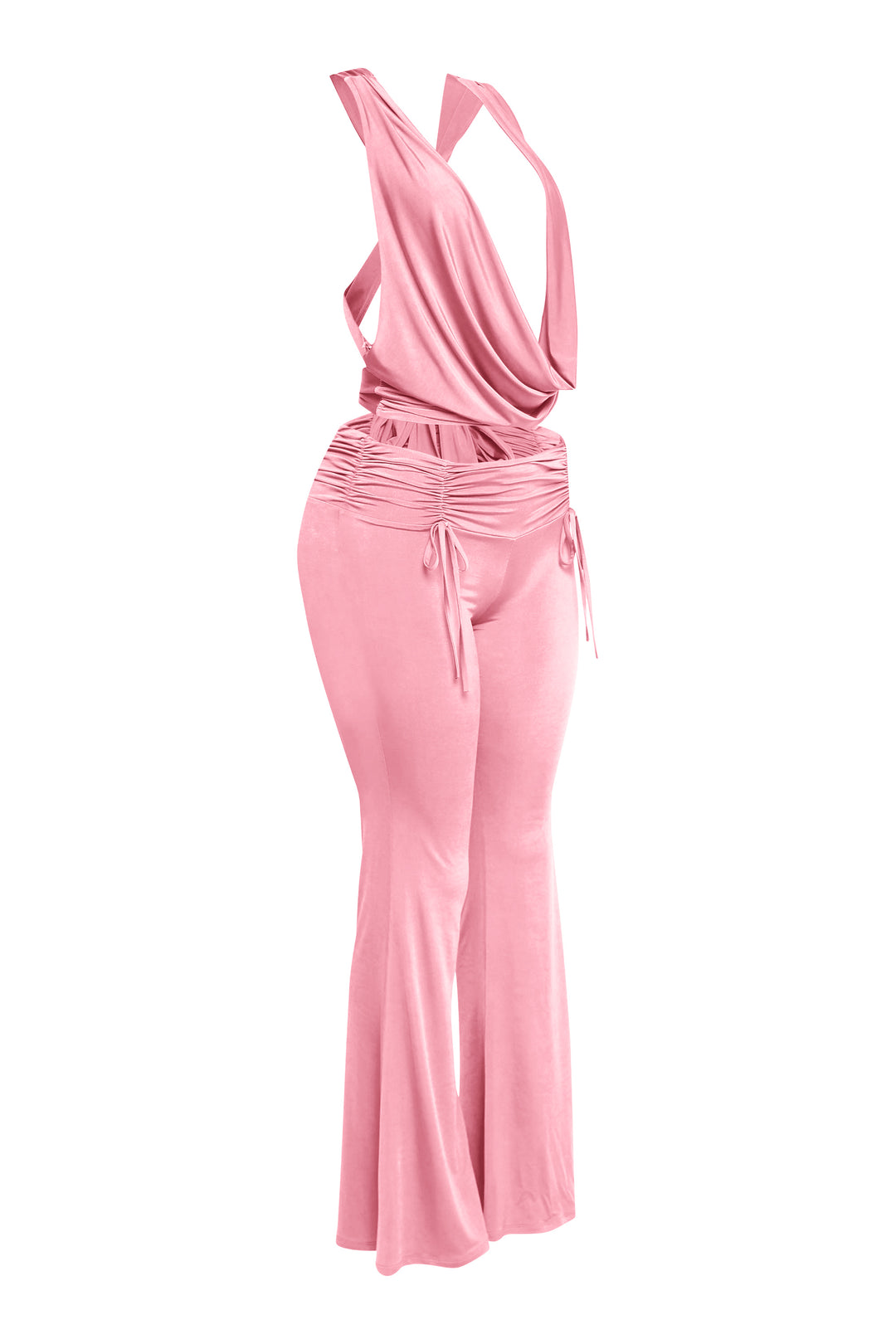 Pink two-piece with draped neckline and flared hem pants