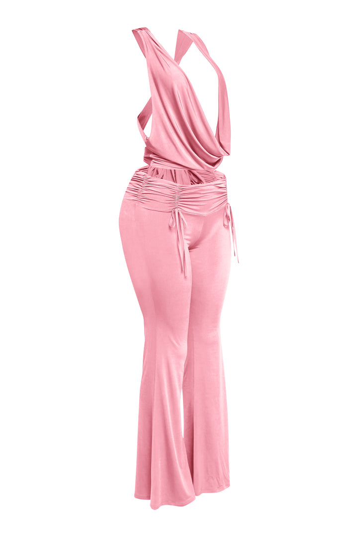 Pink two-piece with draped neckline and flared hem pants
