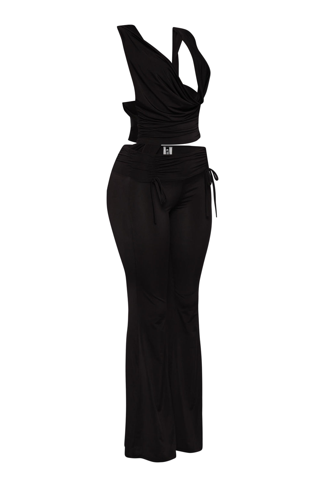 All black matching two-piece with draped neckline and flared silhouette