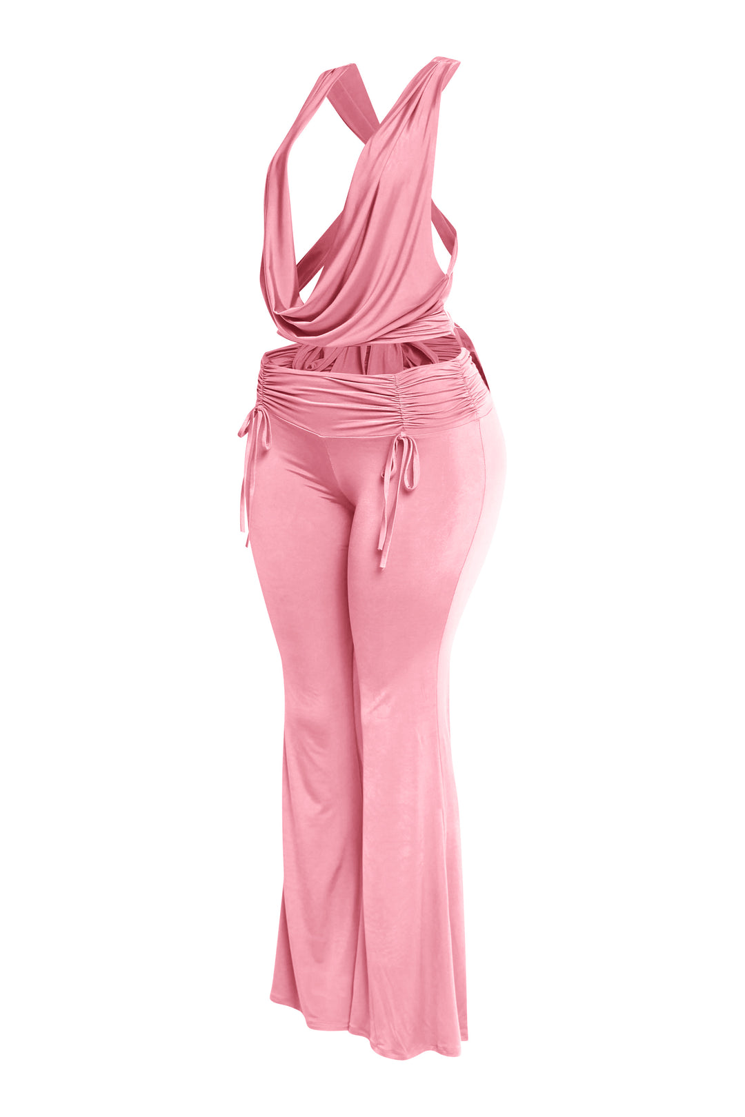 Pink halter outfit with dramatic cowl neck and curve-contouring pants