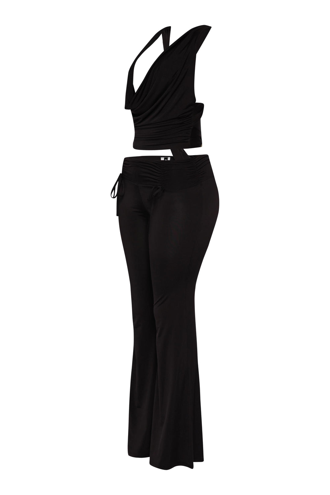 Black flare pant outfit with deep drape front and curve-hugging shape