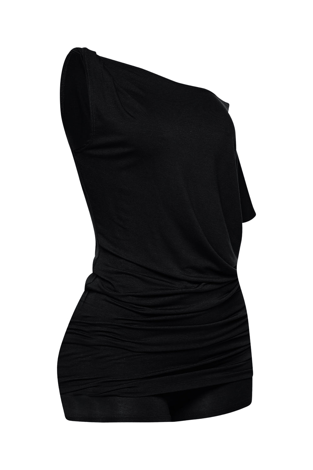 Sleek black rayon two piece with one shoulder top and shorts