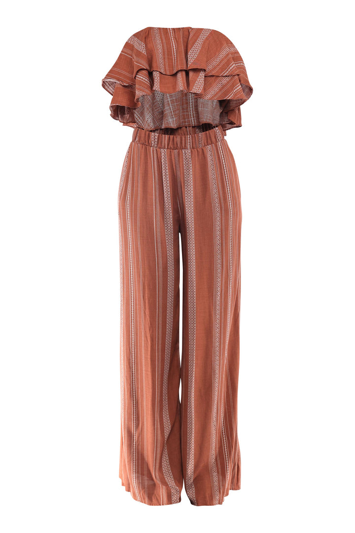 Brown printed ruffle tube top with matching wide leg pants set

