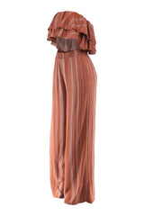 Relaxed fit brown rayon set with strapless crop top and flowy trousers

