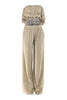 Sage green printed strapless top and wide leg pant set

