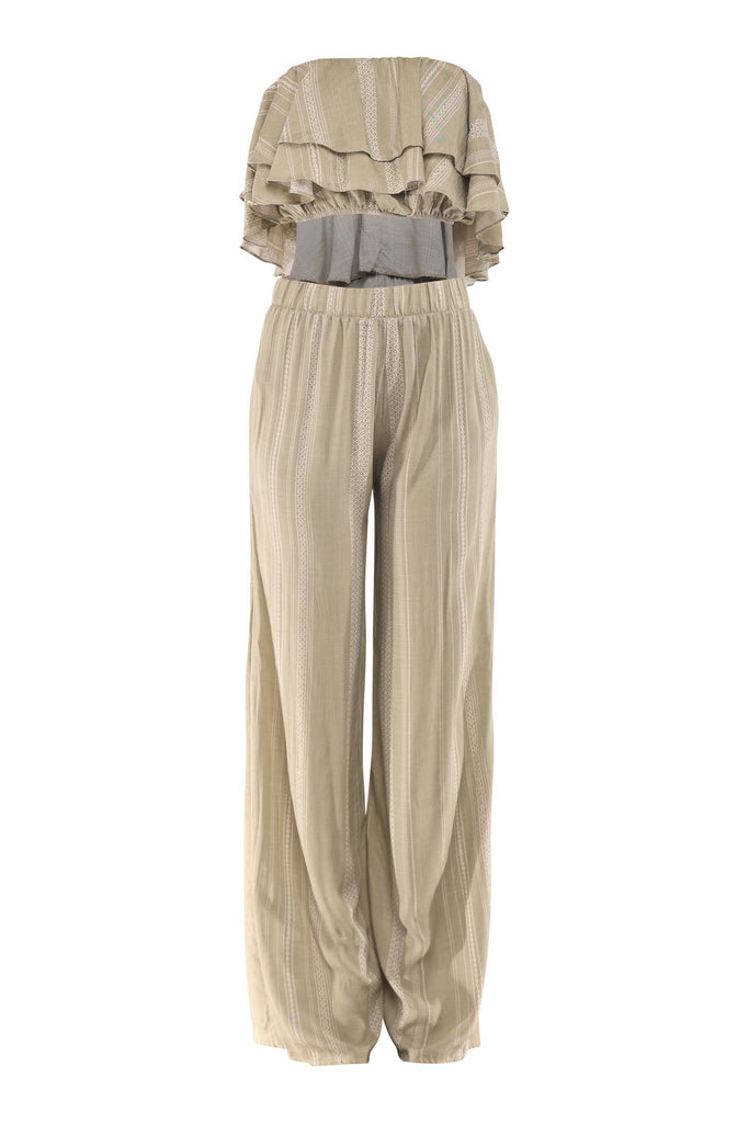 Sage green printed strapless top and wide leg pant set

