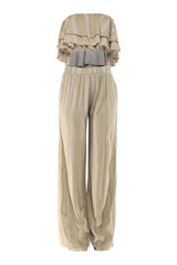 Sage green printed strapless top and wide leg pant set

