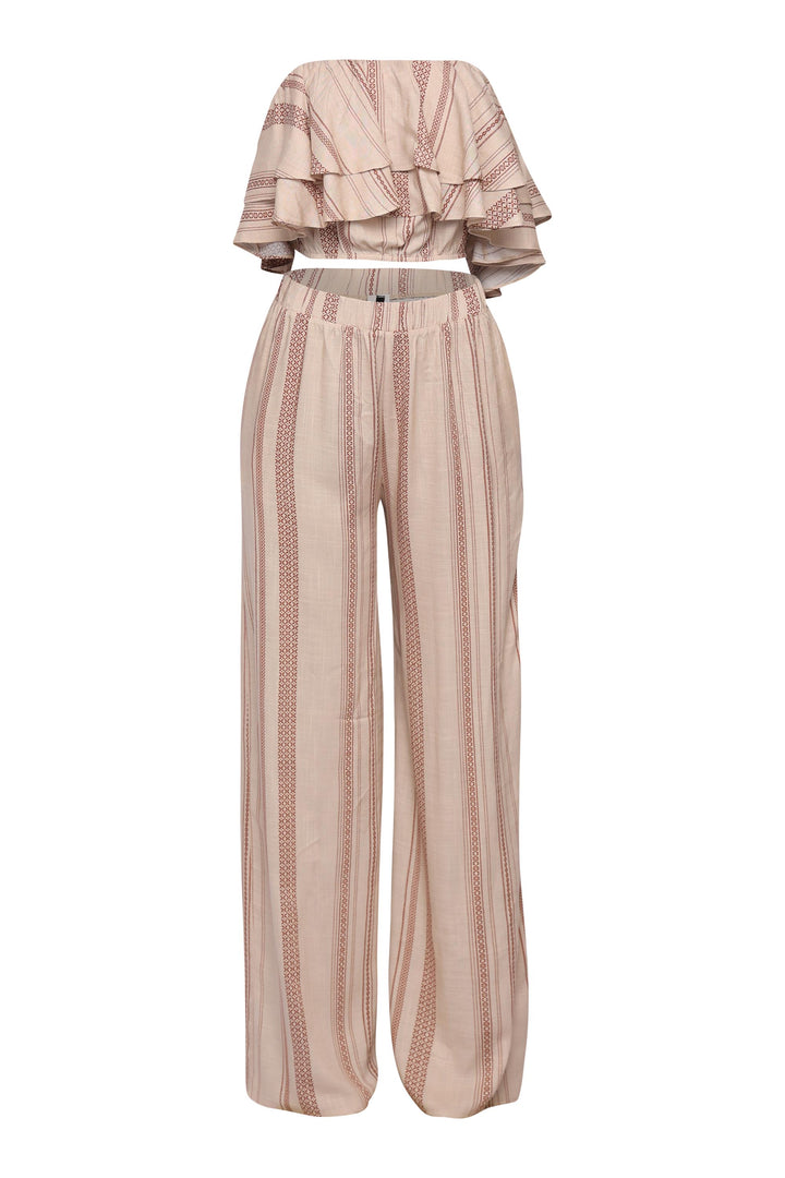 Cream ruffle bandeau crop top and wide leg pants two-piece set

