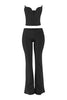 Black strapless corset top and flared pants set front view with wired V neckline and sleek fit