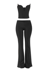 Black strapless corset top and flared pants set front view with wired V neckline and sleek fit