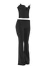 Black two-piece outfit left quarter angle showing sculpted corset and high waist flare pants