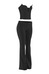 Black two-piece outfit left quarter angle showing sculpted corset and high waist flare pants
