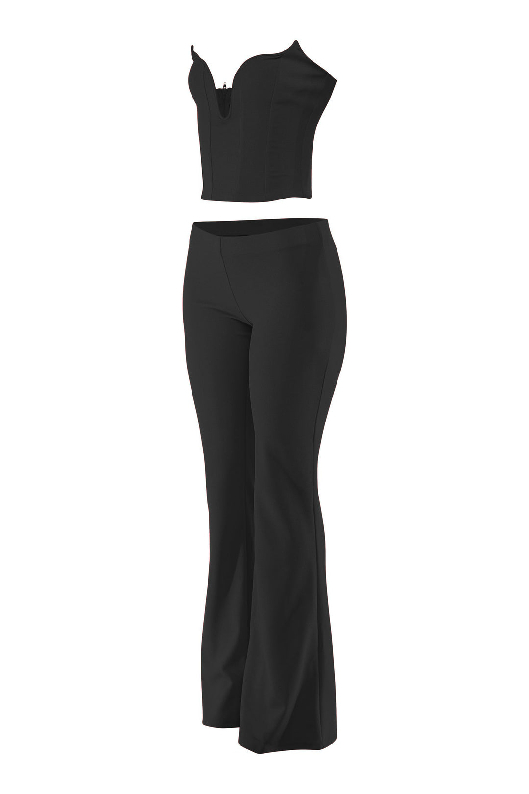 Black matching set right quarter view with curve-hugging fit and elongating flare hem