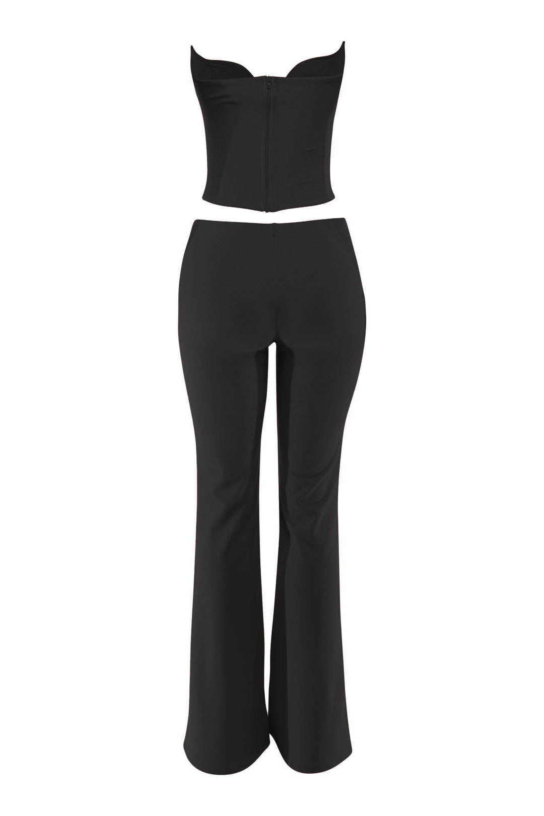 Black corset set back view with zip closure and smooth pant silhouette