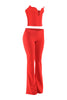 Red flare pant set left quarter angle showing V-notch corset and waist-defining fit