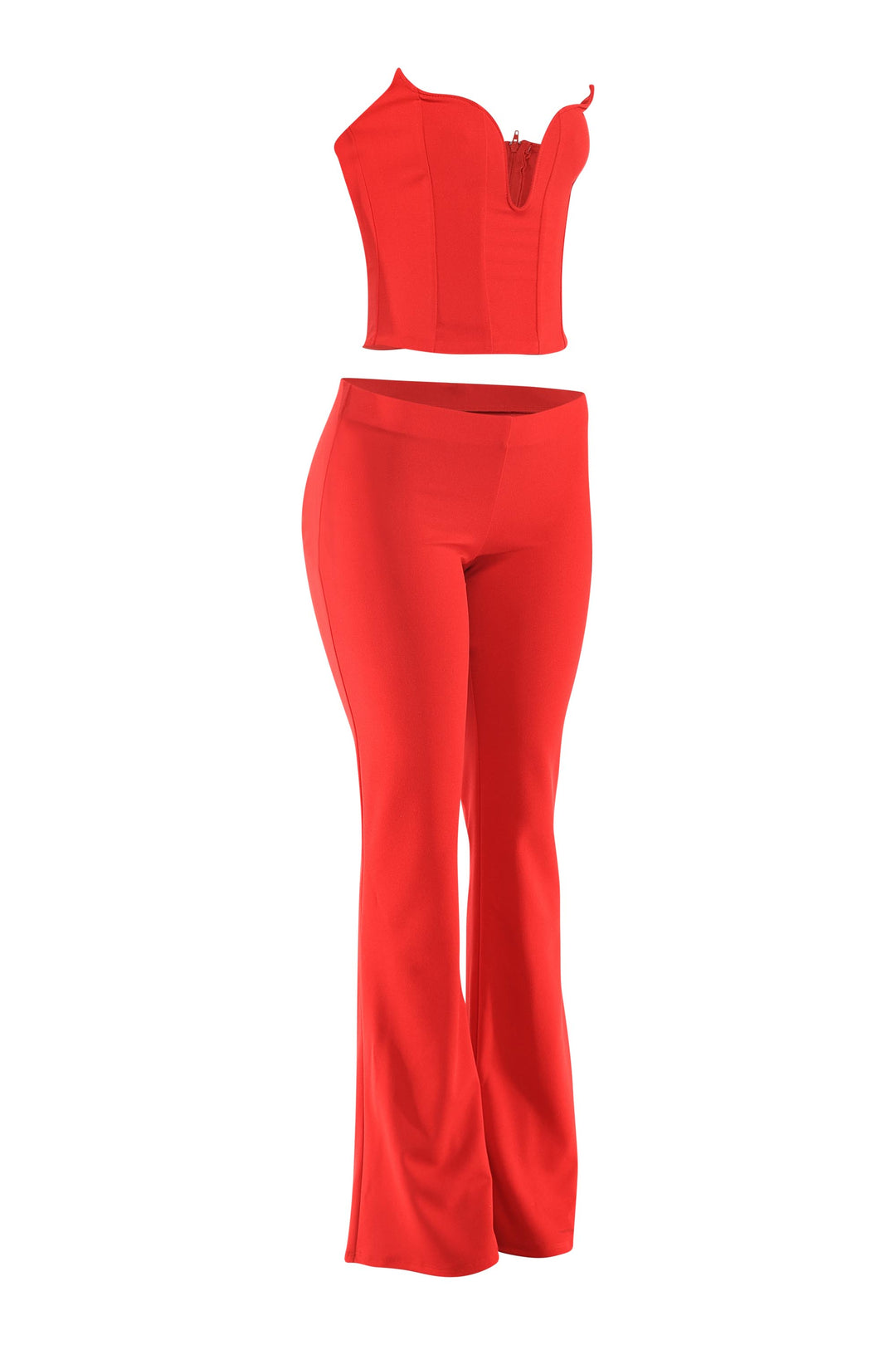 Red flare pant set left quarter angle showing V-notch corset and waist-defining fit
