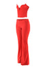 Red outfit with a top and flared pants on a white background