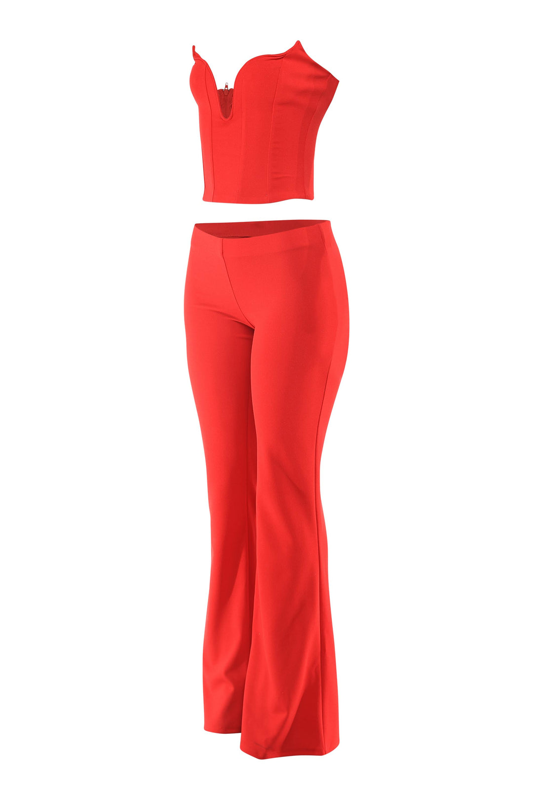 Red outfit with a top and flared pants on a white background