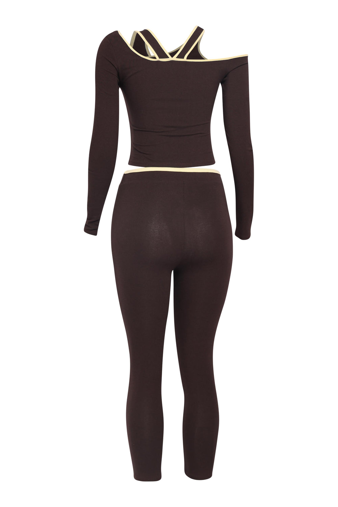 Back view of mocha two-piece with scoop back crop top and high-rise fitted pants