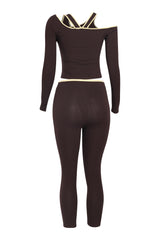 Back view of mocha two-piece with scoop back crop top and high-rise fitted pants