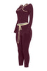 Left angle of wine bodycon set with contrast piping and cold shoulder neckline
