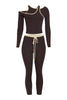 Front view of mocha brown long sleeve cutout crop set with cream contrast edging