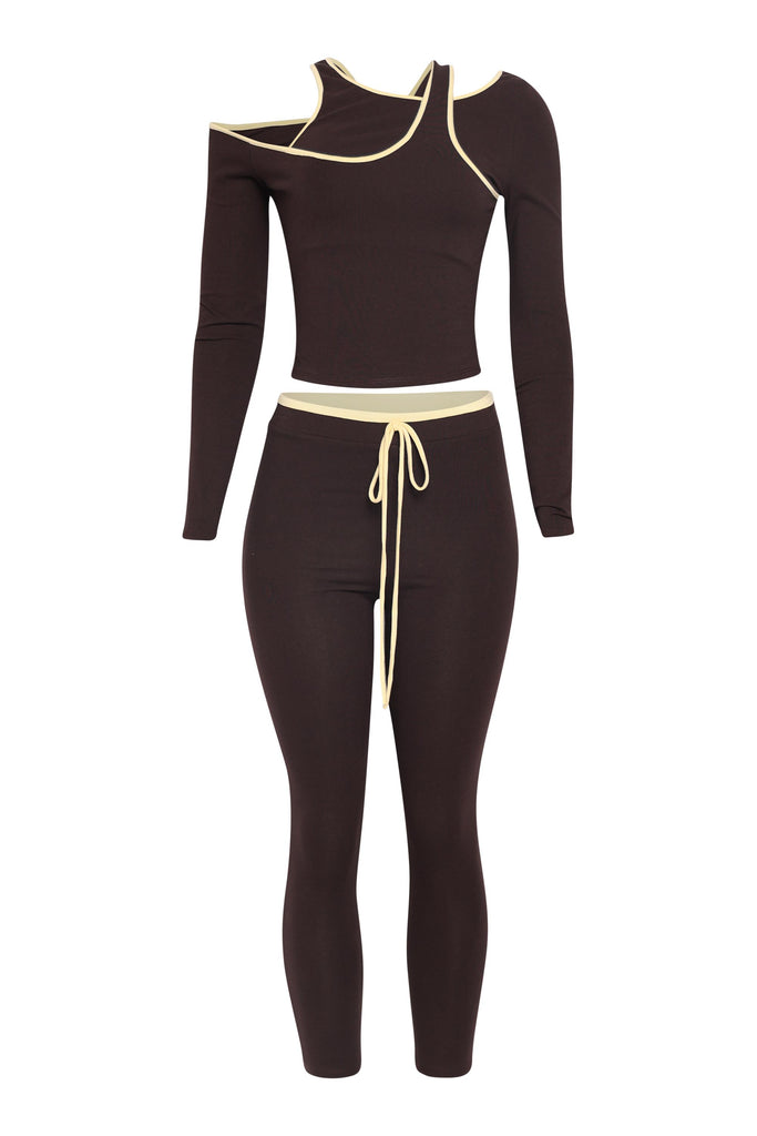 Front view of mocha brown long sleeve cutout crop set with cream contrast edging