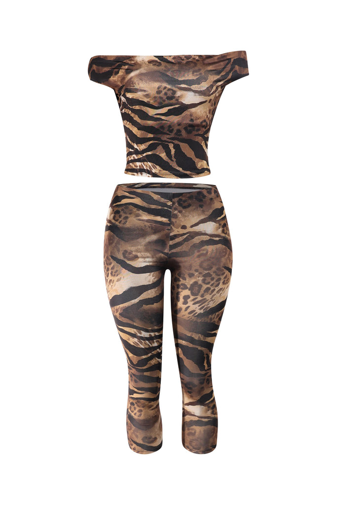 Leopard print off-shoulder top and leggings set on a white background