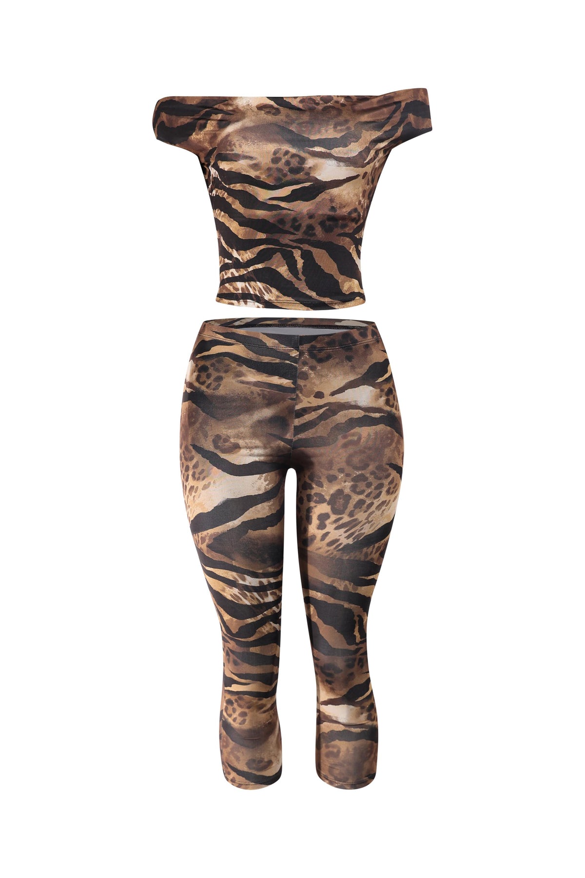 Leopard print off-shoulder top and leggings set on a white background