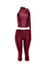 Front view of satin burgundy two-piece set with mock-neck sleeveless top and slim-fit cropped pants