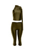 Front view of olive green satin crop top and slim pants two-piece outfit