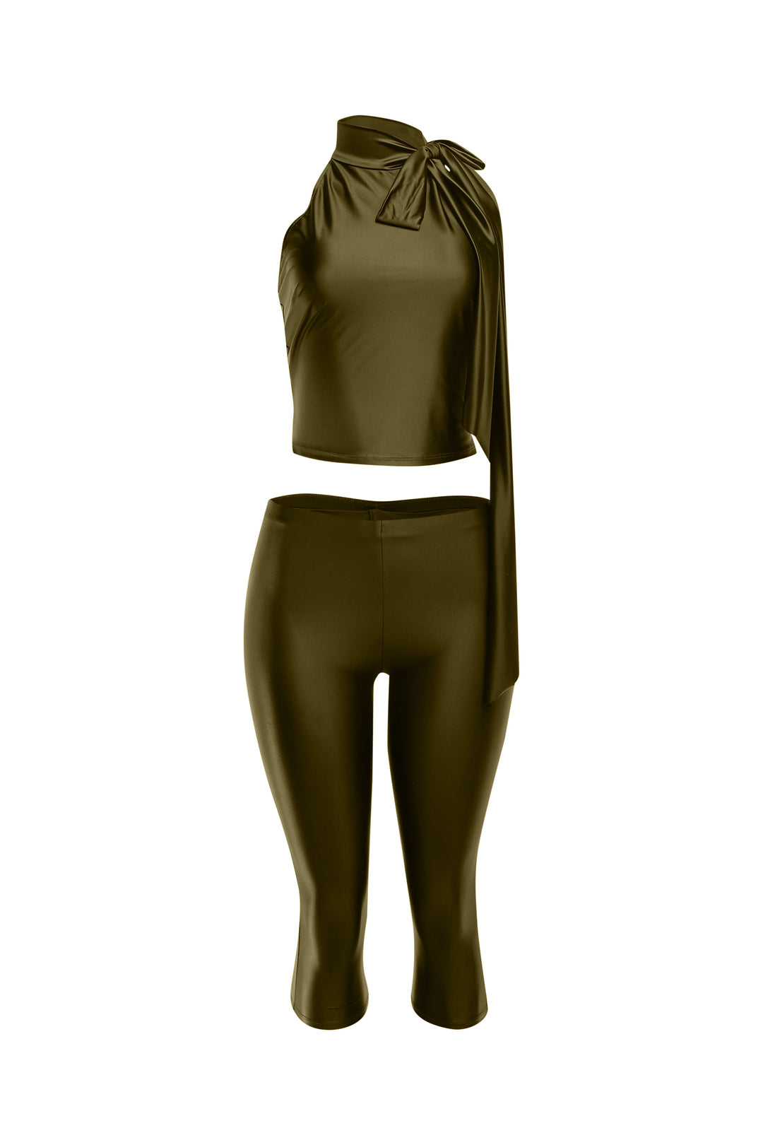 Front view of olive green satin crop top and slim pants two-piece outfit