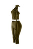 Left side of olive green matching satin set with tied bow neckline and luxe finish