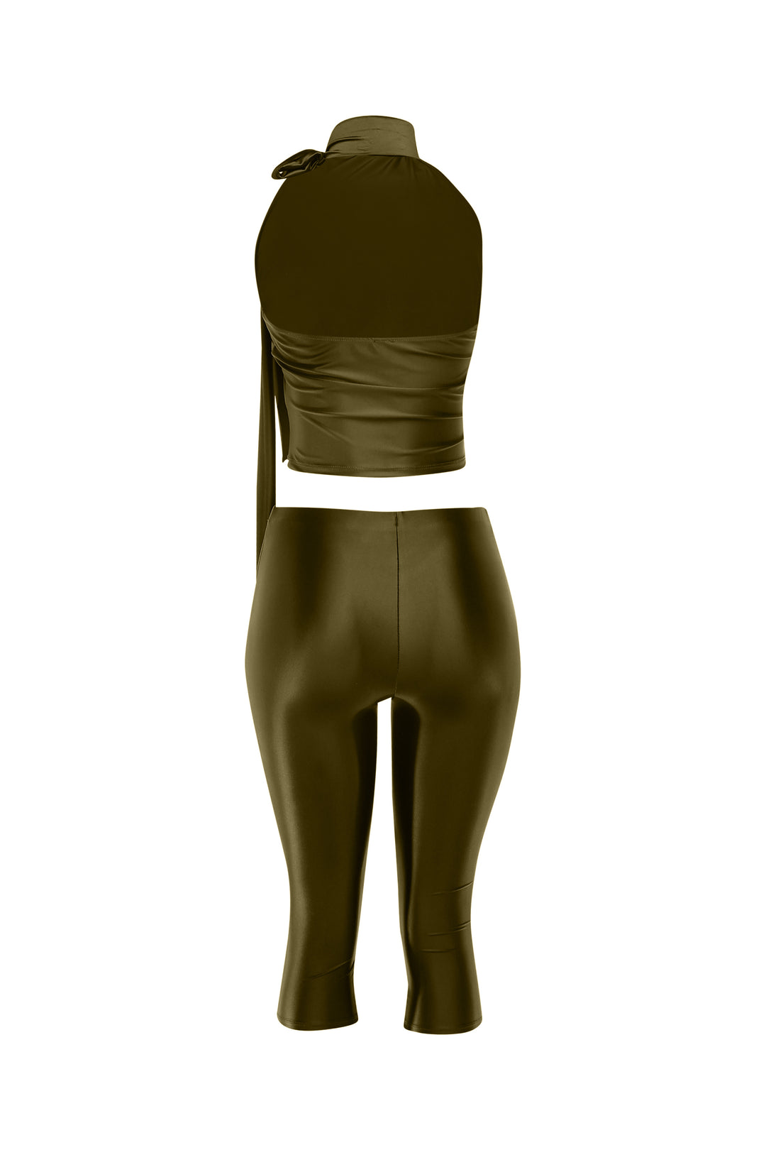 Back view of olive green satin two-piece with open-back top and curve-hugging pants