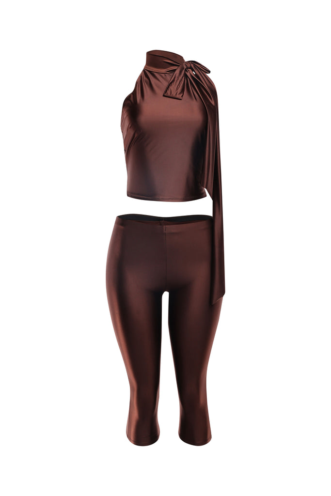 Front view of chocolate brown satin pant set with sleeveless top and high-shine finish