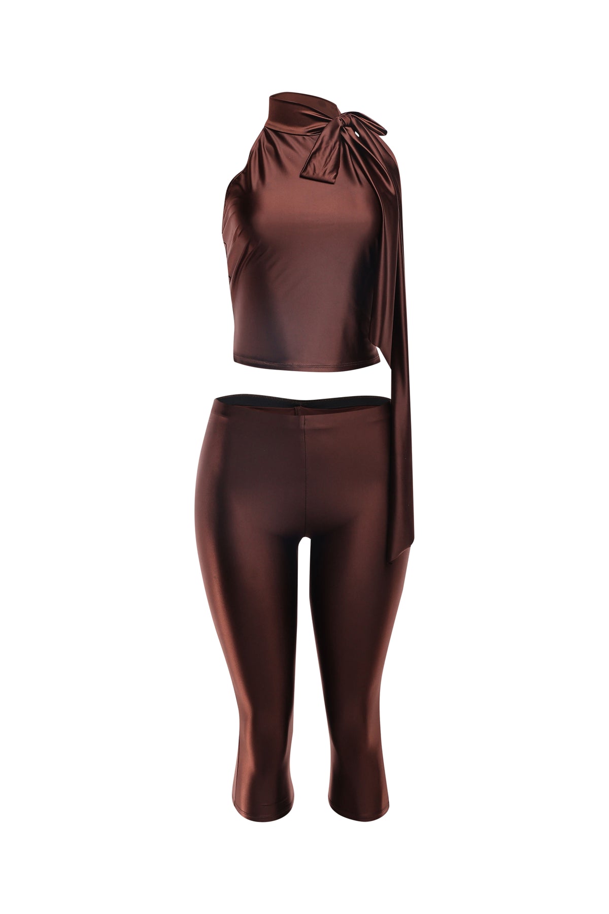 Front view of chocolate brown satin pant set with sleeveless top and high-shine finish