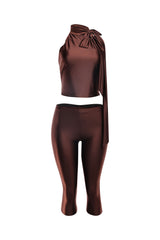 Front view of chocolate brown satin pant set with sleeveless top and high-shine finish