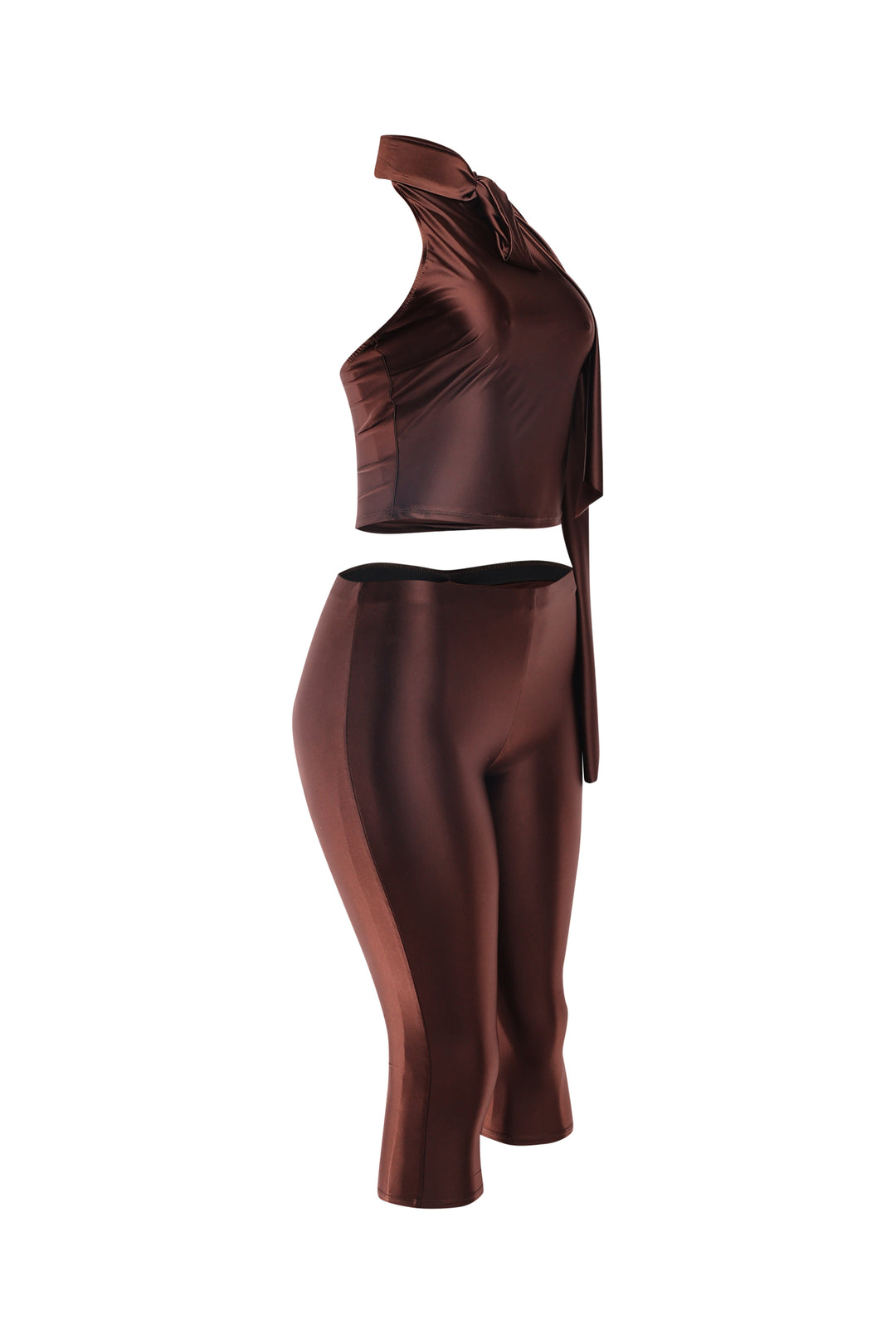 Left angle of brown two-piece outfit with tie-neck detail and figure-skimming pants