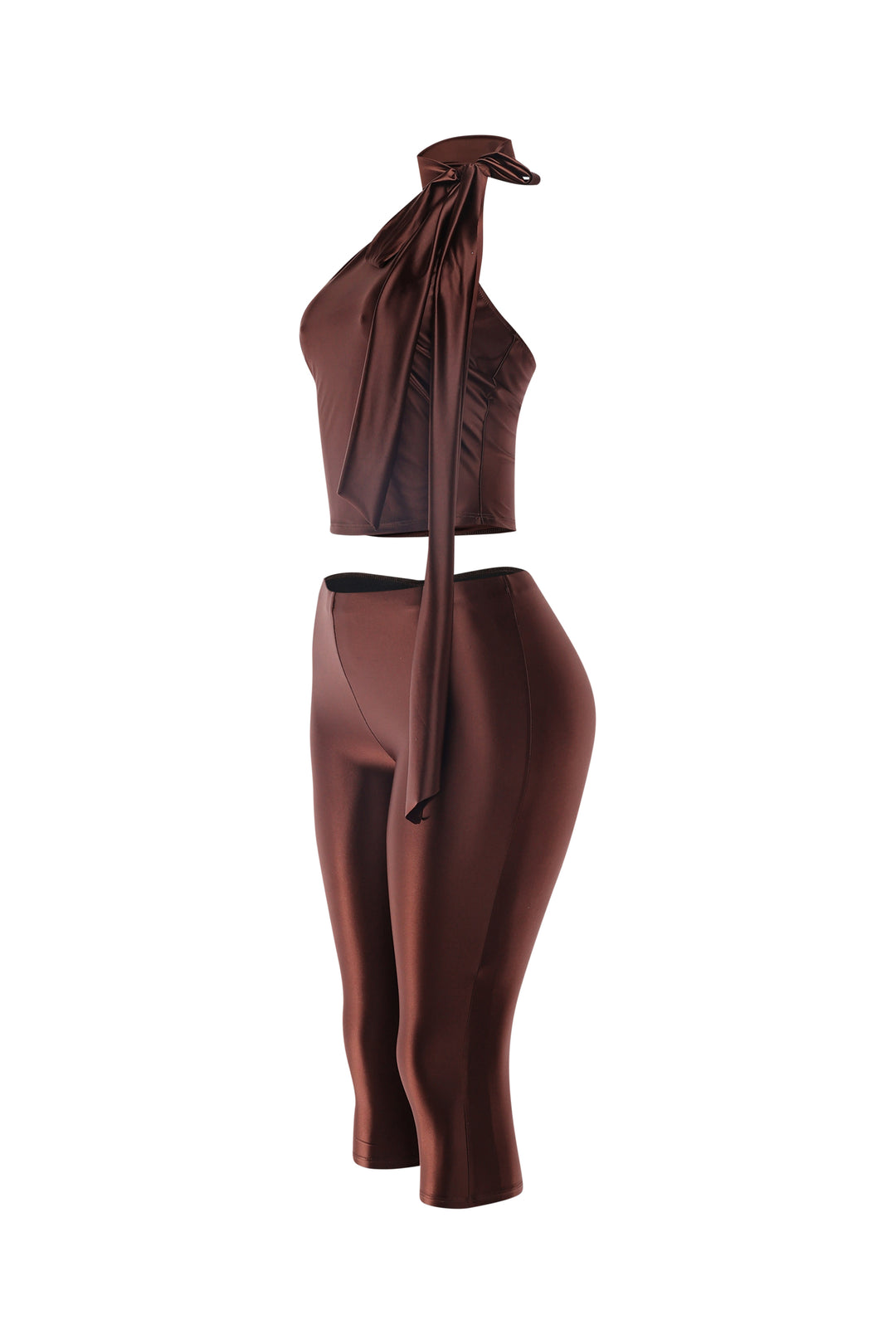 Right angle showing full brown satin outfit with long tie shoulder bow and fitted waist