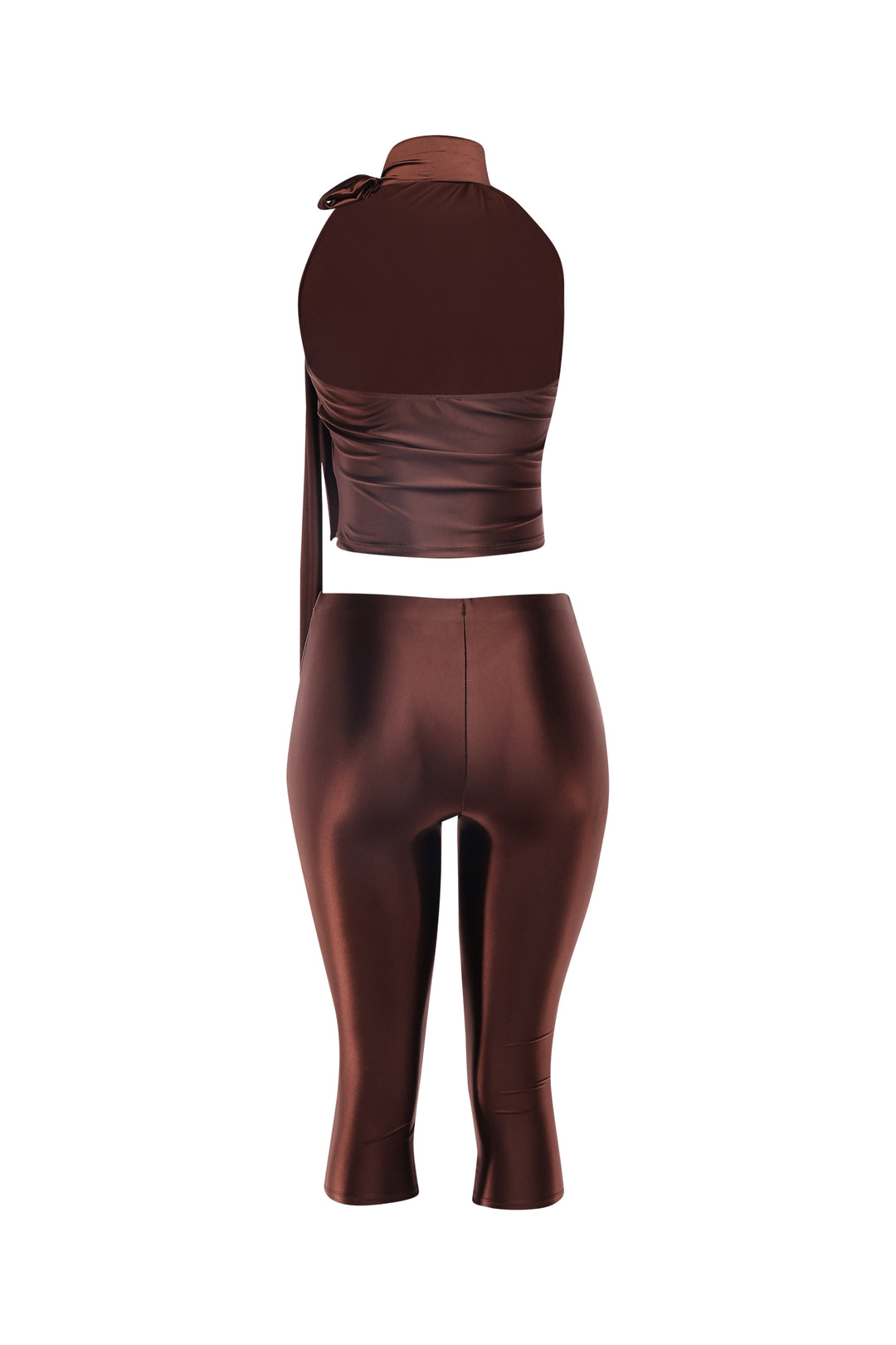 Back view of chocolate satin open-back top and cropped slim satin pants