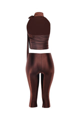 Back view of chocolate satin open-back top and cropped slim satin pants