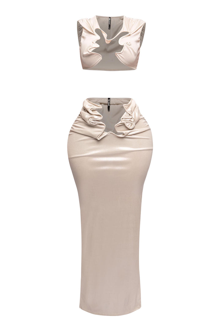 Full front image of the flex wire cutout tank top and sleek maxi skirt in metallic fabric.