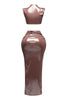 Back view of metallic maxi skirt set, showcasing sleek, form-fitting silhouette