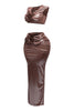 Left side view of the metallic foiled tank top and maxi skirt set with flex wire cutout details.